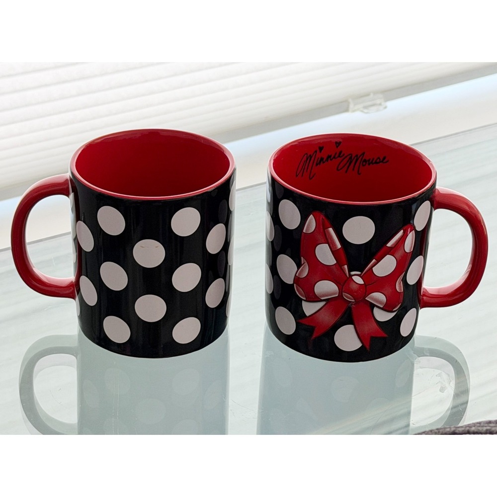 Disney Parks Minnie Mouse Polka Dot Bow Signature Mug Ceramic Coffee Cup Set 2 - Picture 2 of 9